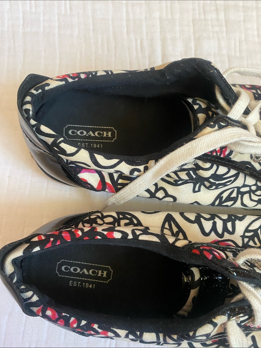 COACH Cream Canvas Sneakers with Black and Red Floral Motif - Picture 5 of 9